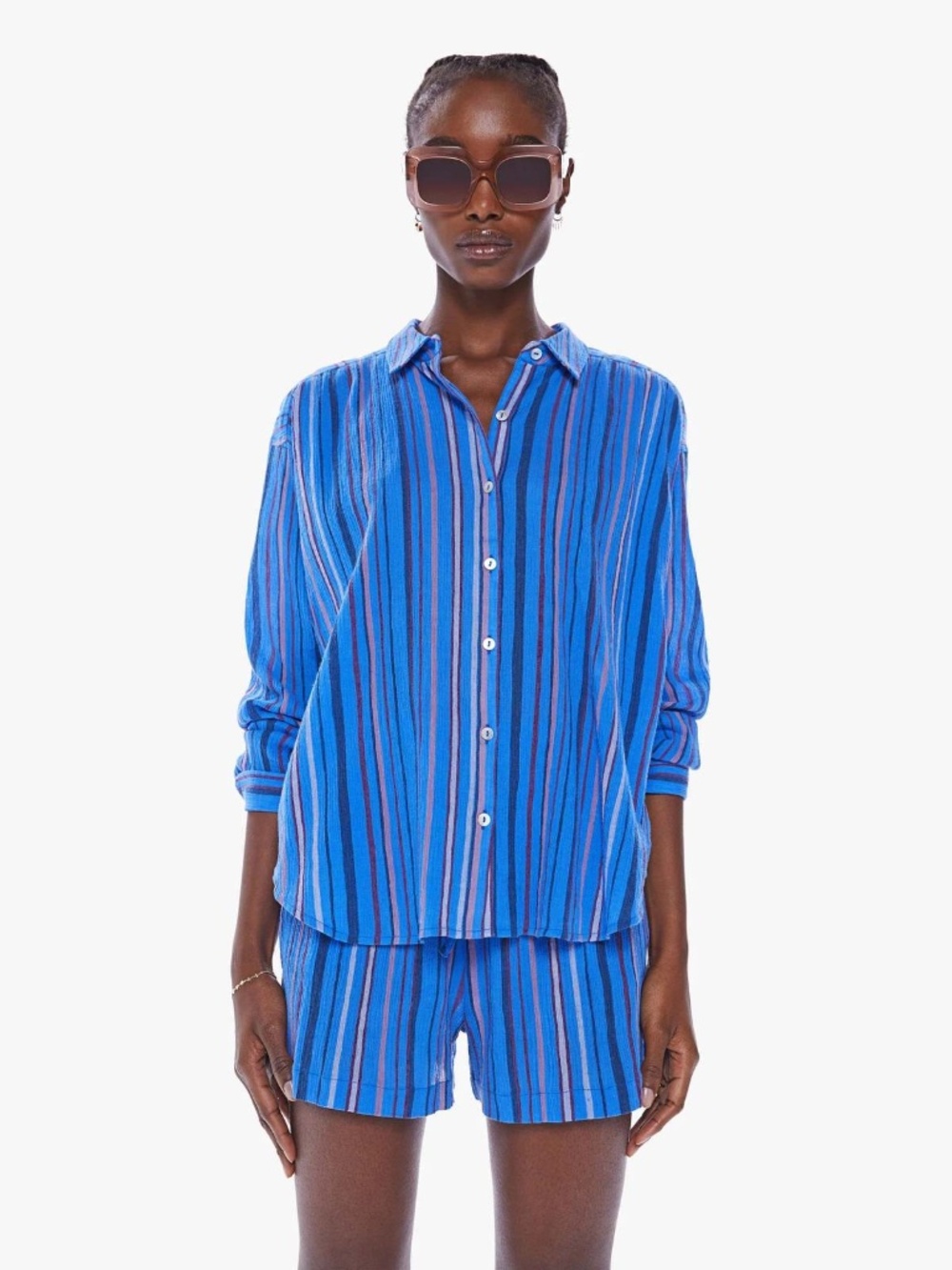 MOTHER The Get Down Button Down Shirt Blue Multi Stripe Size XS
